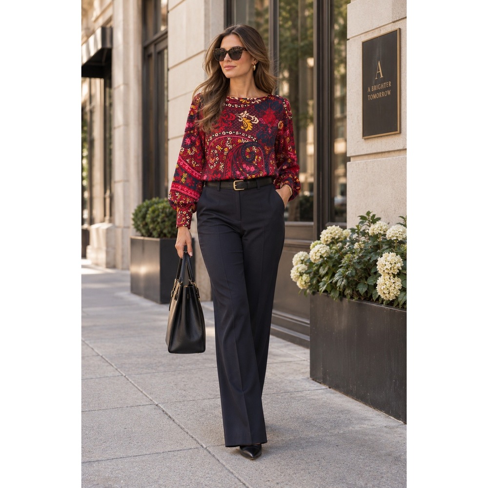 Ann Taylor Paisley Floral Long Sleeve Blouse Womens L Red Purple Boho Career Top